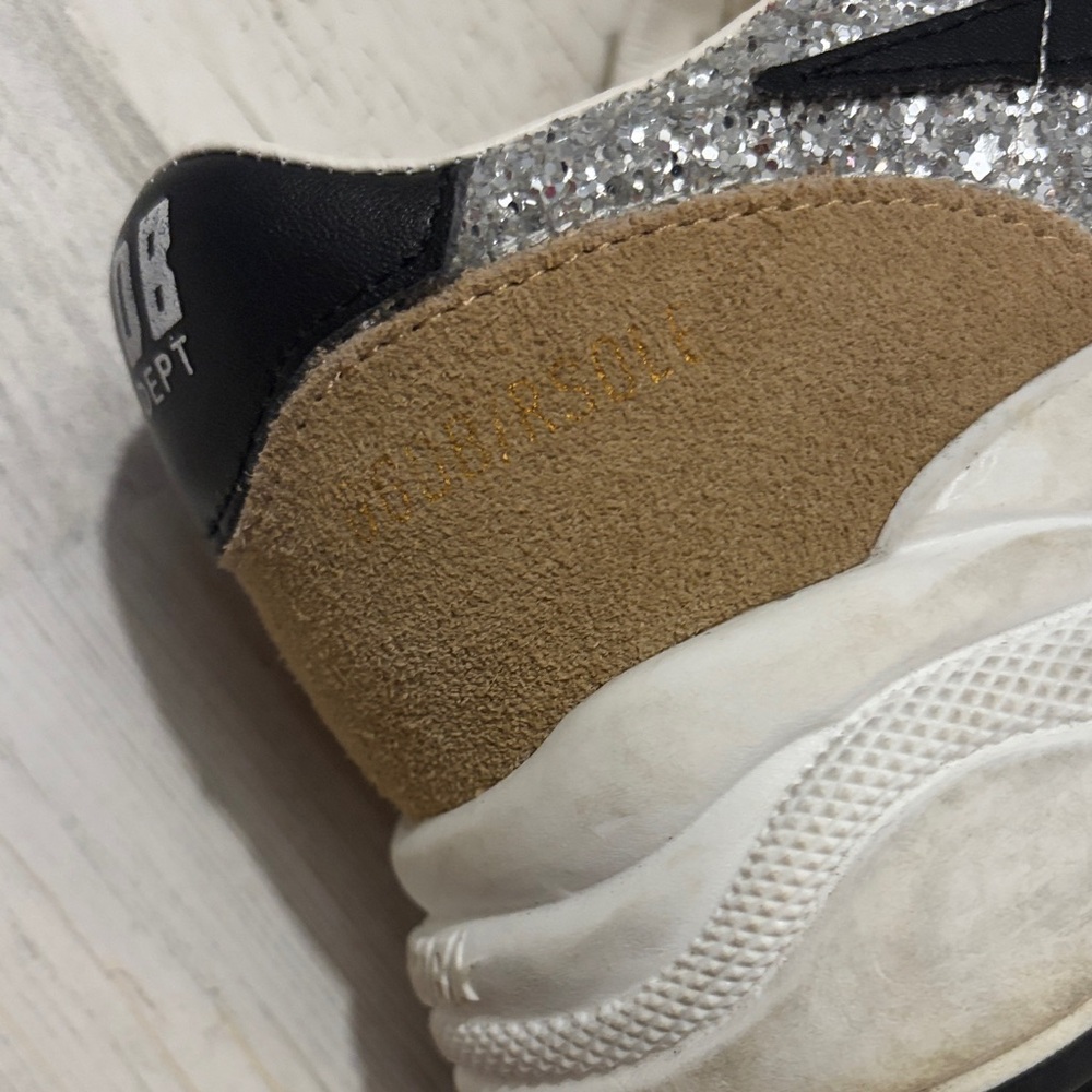 Golden Goose Tan and Silver Glitter Sneakers - Picture 10 of 16